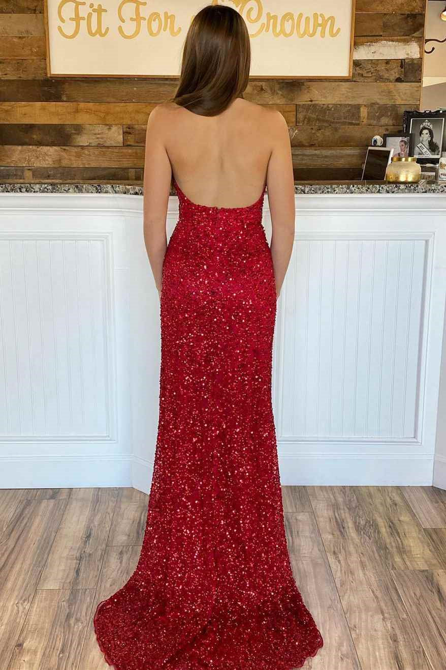 Stunning Red Evening Dress with Halter, Sequins and Slit-Occasion Dress-BallBride