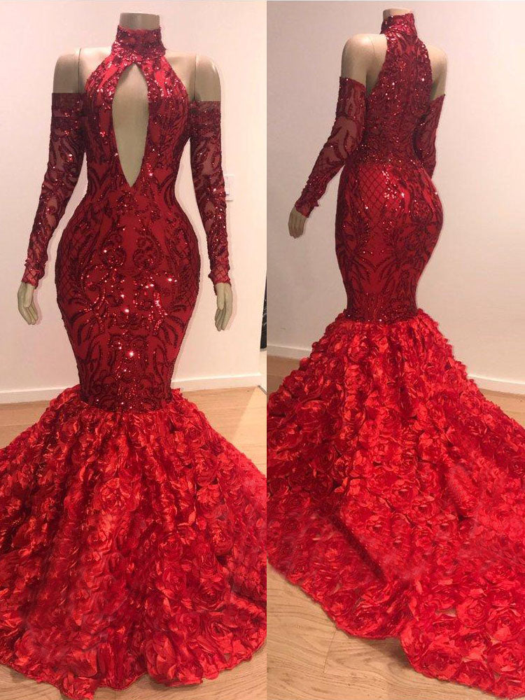 Stunning Red Mermaid Prom Dress with Sequins & Flowers-Occasion Dress-BallBride