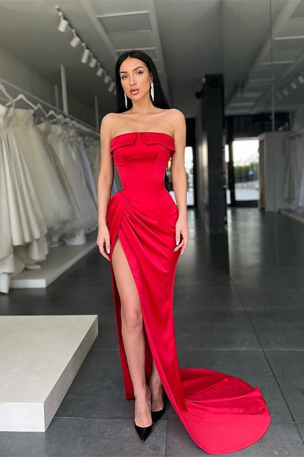 Stunning Red Strapless Mermaid Prom Dress Long With Slit-Occasion Dress-BallBride