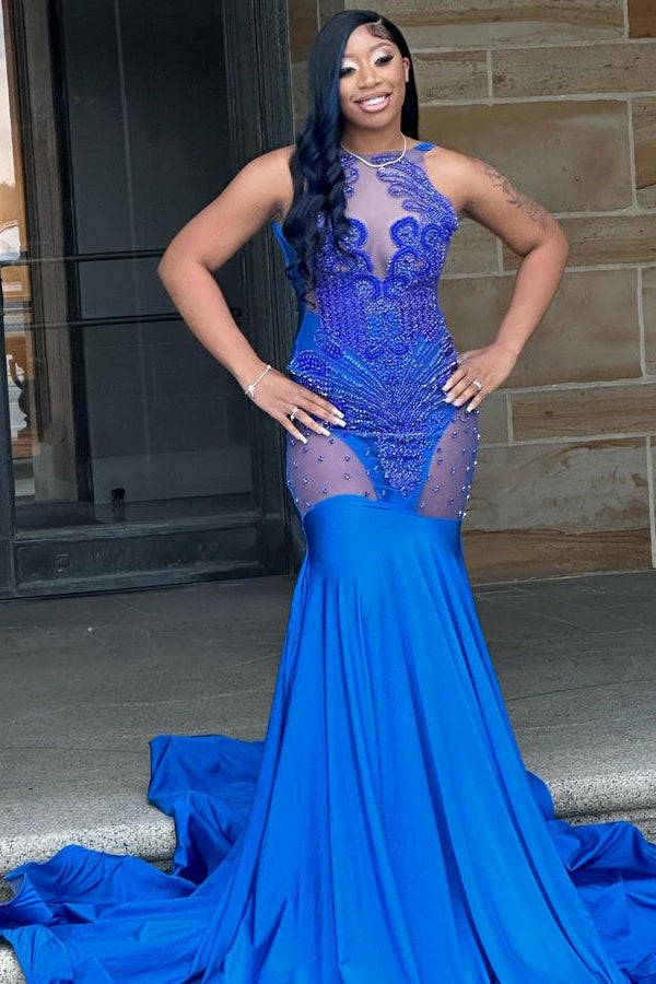 Stunning Royal Blue Mermaid Prom Dress with Tulle and Beadings-Occasion Dress-BallBride