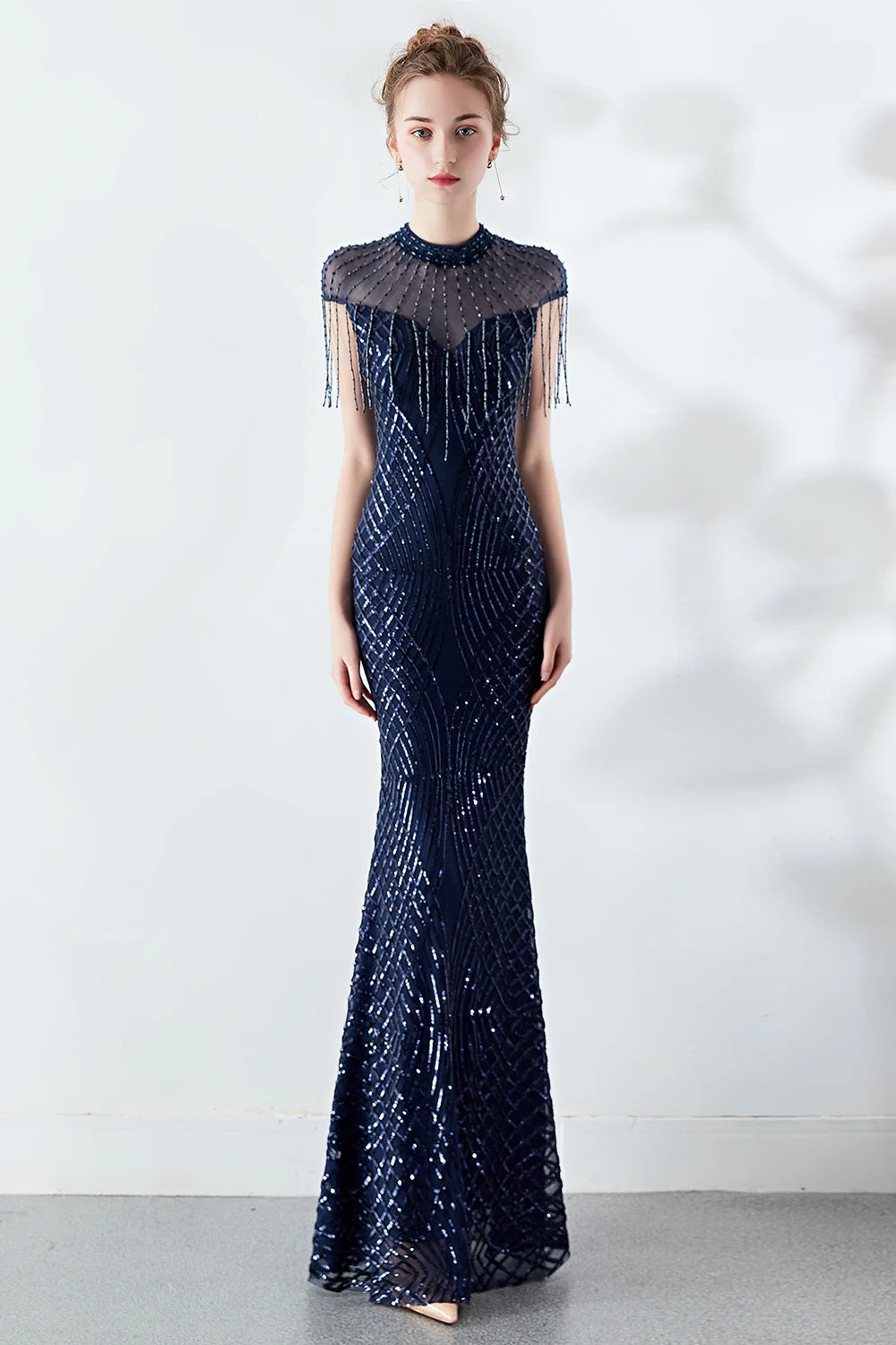 Stunning Sequins Mermaid Evening Gowns Long Sheer Top Prom Dress With Tassels-BallBride