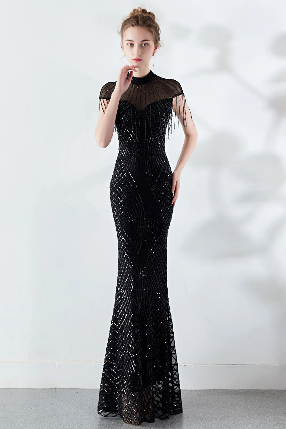 Stunning Sequins Mermaid Evening Gowns Long Sheer Top Prom Dress With Tassels-BallBride