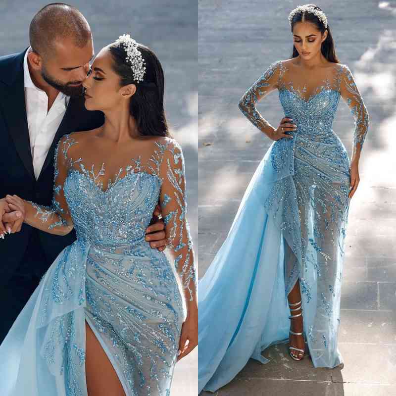 Stunning Sky Blue Long Sleeves Evening Dress with Mermaid Split and Ruffles Beads-Evening Dresses-BallBride