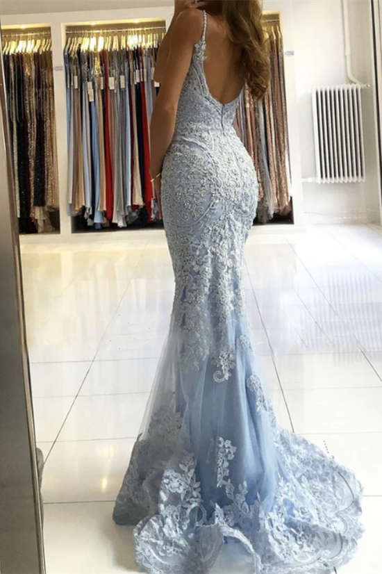 Stunning Sky Blue Spaghetti-Straps Mermaid Evening Dress Lace Appliques-BallBride