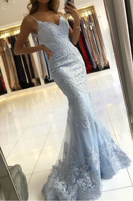 Stunning Sky Blue Spaghetti-Straps Mermaid Evening Dress Lace Appliques-BallBride