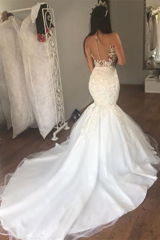 Stunning Sleeveless Mermaid Wedding Dress with Lace Appliques-Wedding Dresses-BallBride