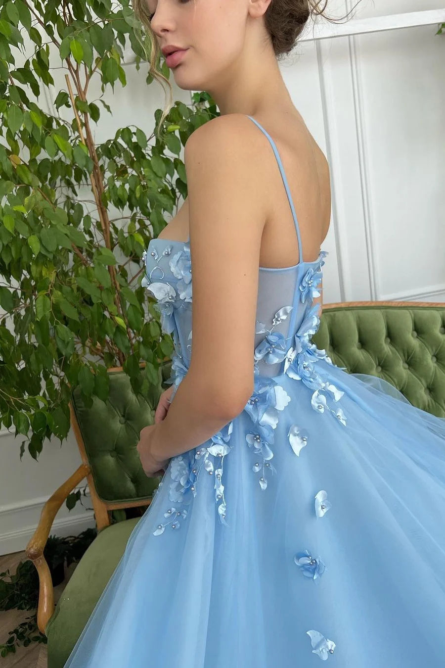 Stunning Spaghetti-Straps Sky Blue Evening Party Gowns Long Split With Flowers-BallBride