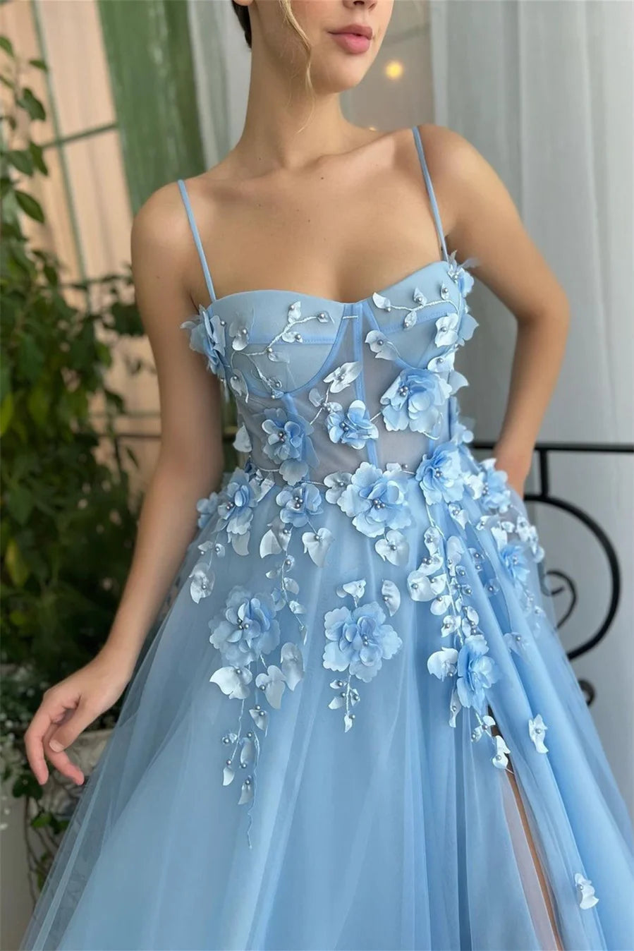 Stunning Spaghetti-Straps Sky Blue Evening Party Gowns Long Split With Flowers-BallBride