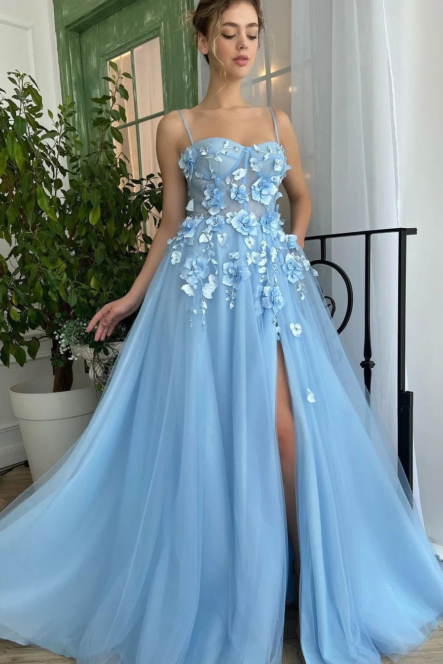 Stunning Spaghetti-Straps Sky Blue Evening Party Gowns Long Split With Flowers-BallBride