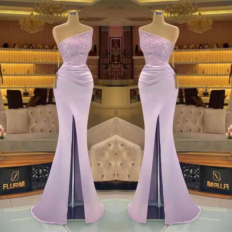 Stunning Strapless Lavender Sequins Mermaid Evening Dress Long With Slit-BallBride