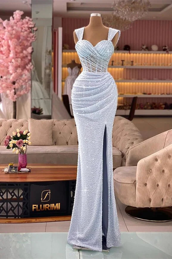 Stunning Straps Sequins Beads Mermaid Evening Dress Sweetheart With Slit-BallBride