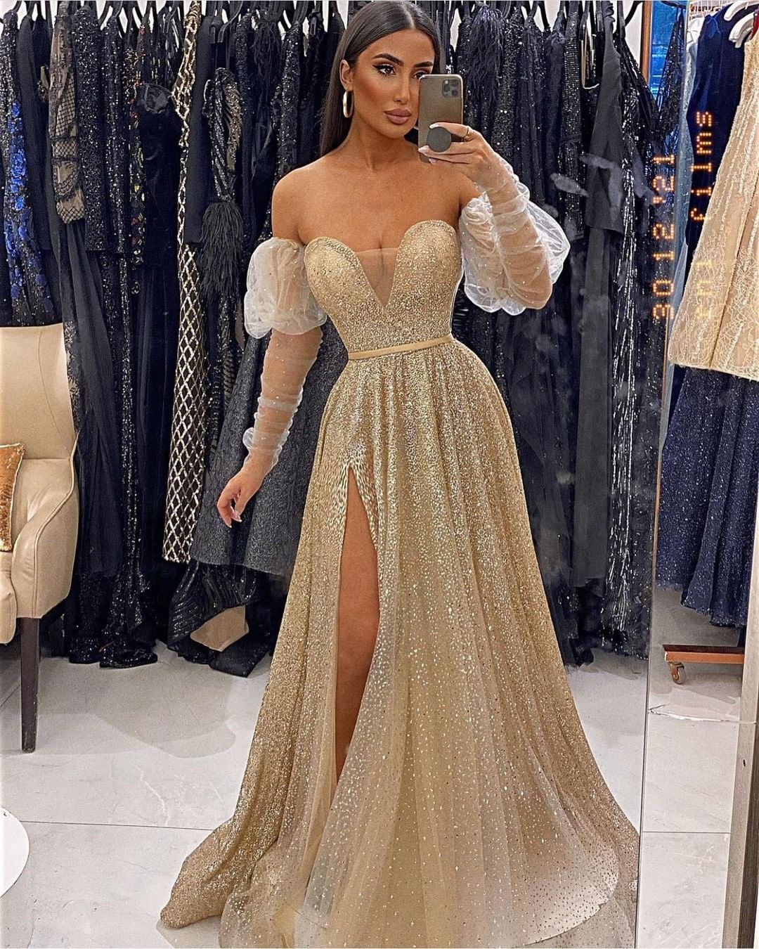 Stunning Sweetheart Sequins Prom Dress with Long Sleeves & Split Long-Occasion Dress-BallBride