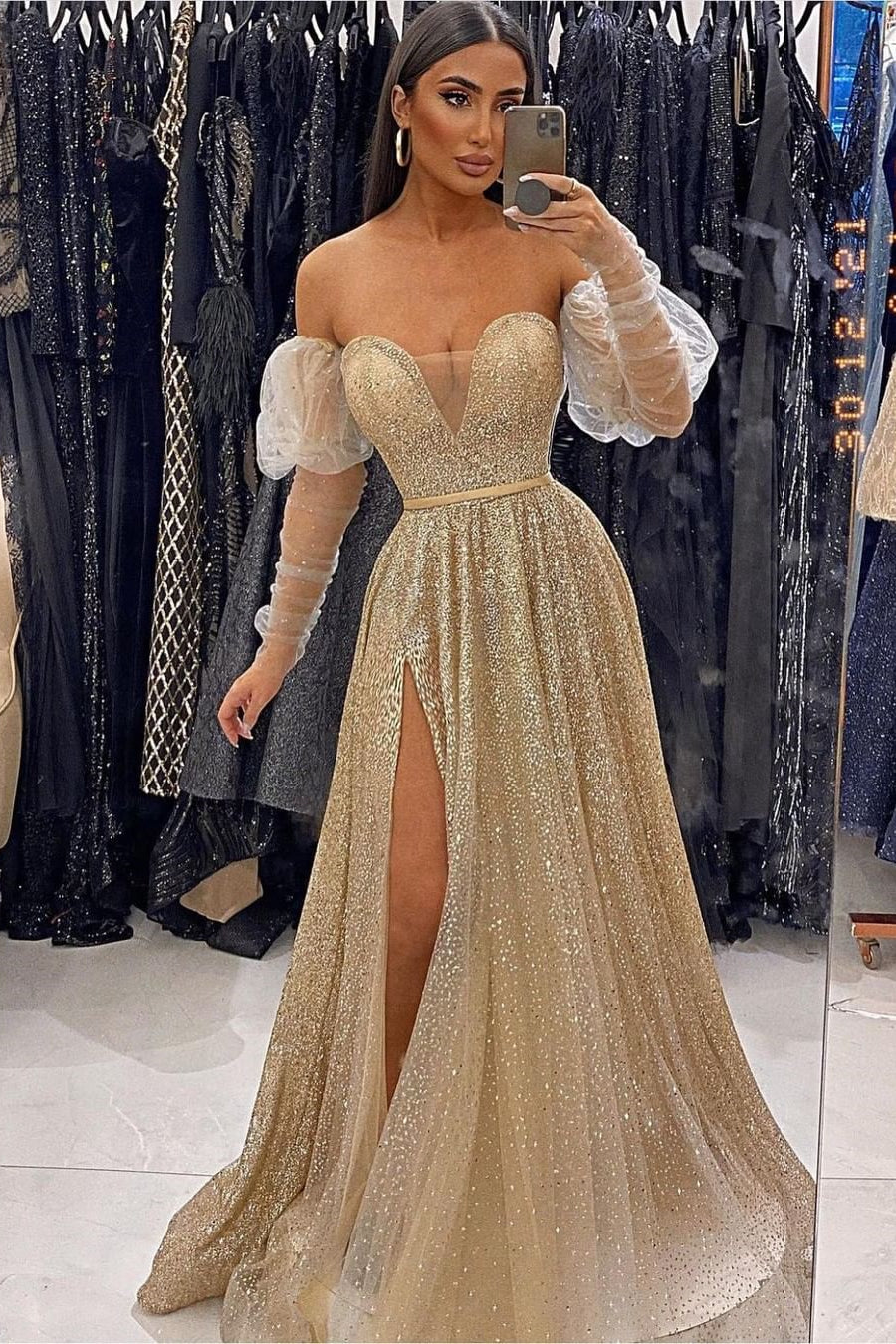 Stunning Sweetheart Sequins Prom Dress with Long Sleeves & Split Long-Occasion Dress-BallBride