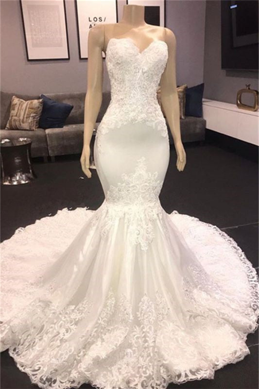 Stunning Sweetheart Sleeveless Lace Mermaid Wedding Dress-Wedding Dresses-BallBride