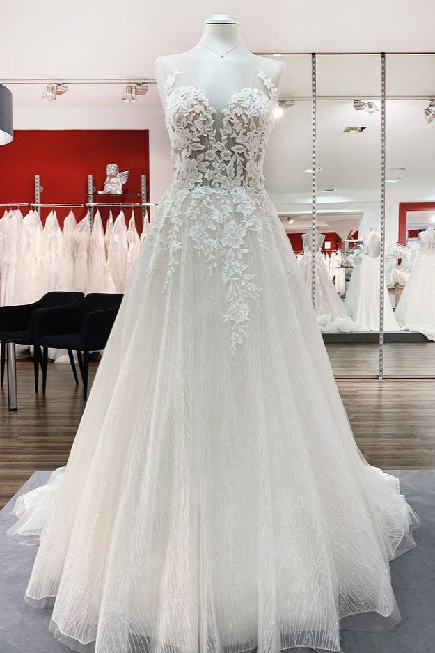 Stunning Sweetheart Tulle Wedding Dress with A-line Skirt, Open Back and Appliques Ruffles-Wedding Dresses-BallBride