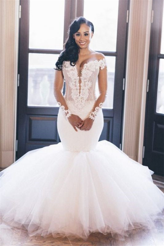 Stunning Tulle Mermaid Wedding Dress with Appliques and Long Sleeves-Wedding Dresses-BallBride