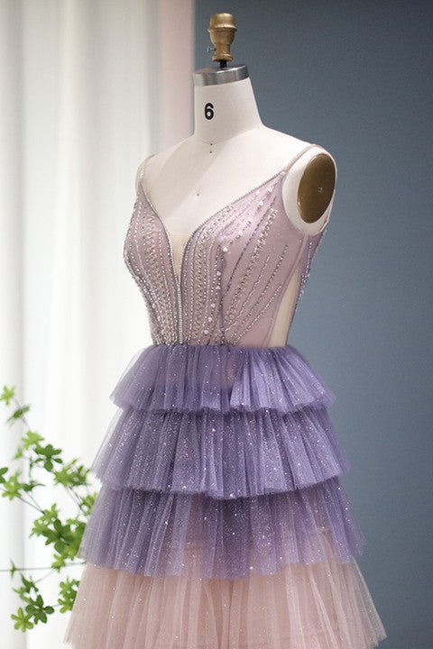 Stunning V Neck Evening Dress with Sequin Beading and Layered Hem-Evening Dresses-BallBride