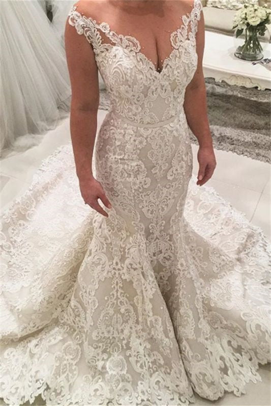 Stunning V-Neck Long Wedding Dress with Off-the-Shoulder and Lace Appliques-Wedding Dresses-BallBride