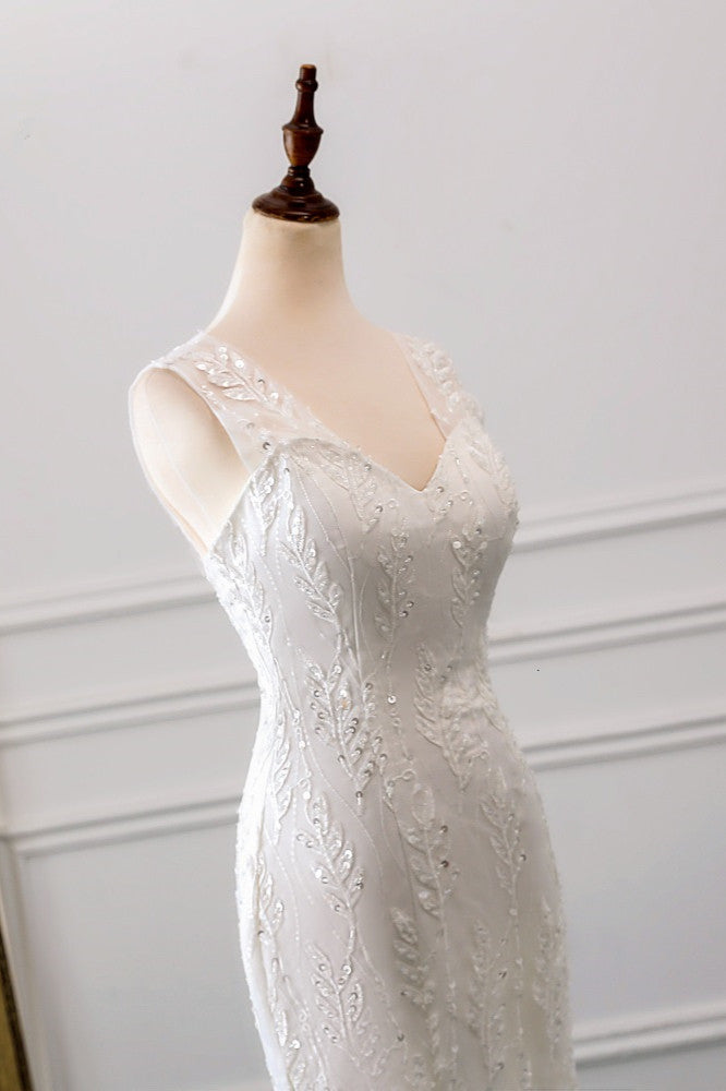 Stunning V-Neck Mermaid Wedding Dress With Beadings-Wedding Dresses-BallBride
