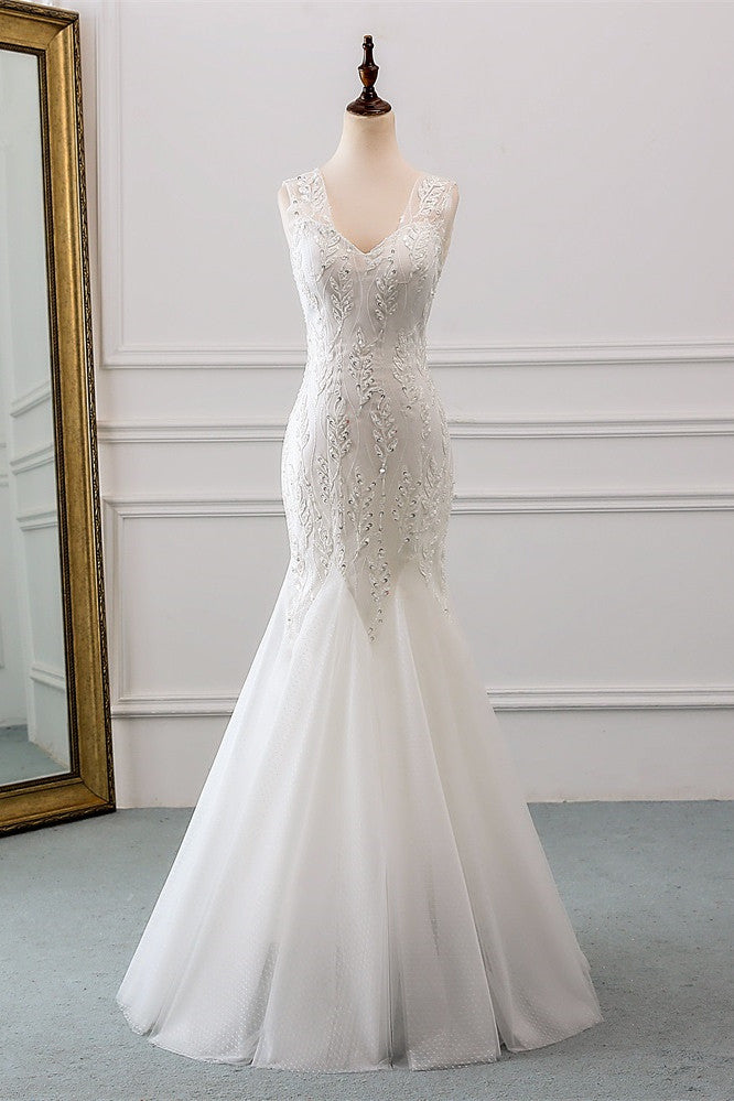 Stunning V-Neck Mermaid Wedding Dress With Beadings-Wedding Dresses-BallBride