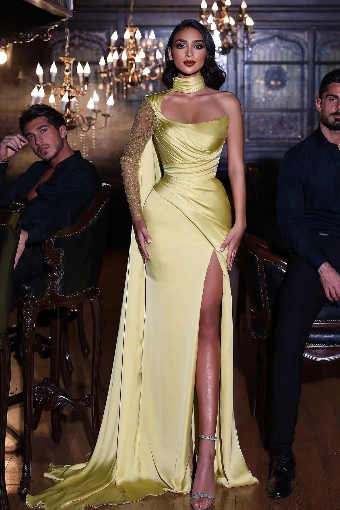 Stunning Yellow One Shoulder Mermaid Prom Dress with Split Sequins-BallBride
