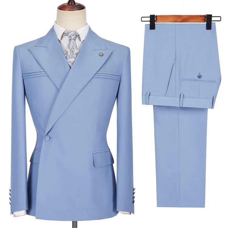 Stylish Blue Casual Prom Suit For Guys With Peaked Lapel and Ruffles-Prom Suits-BallBride