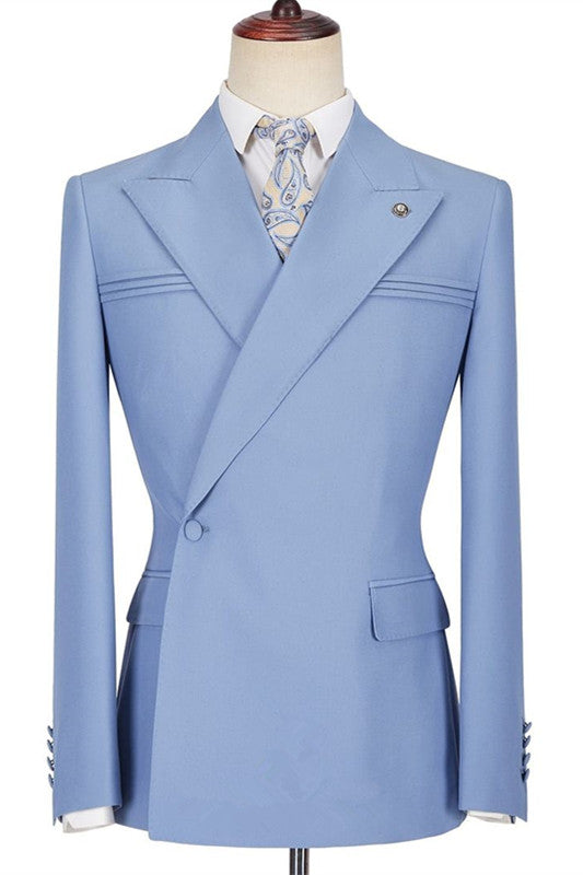 Stylish Blue Casual Prom Suit For Guys With Peaked Lapel and Ruffles-Prom Suits-BallBride