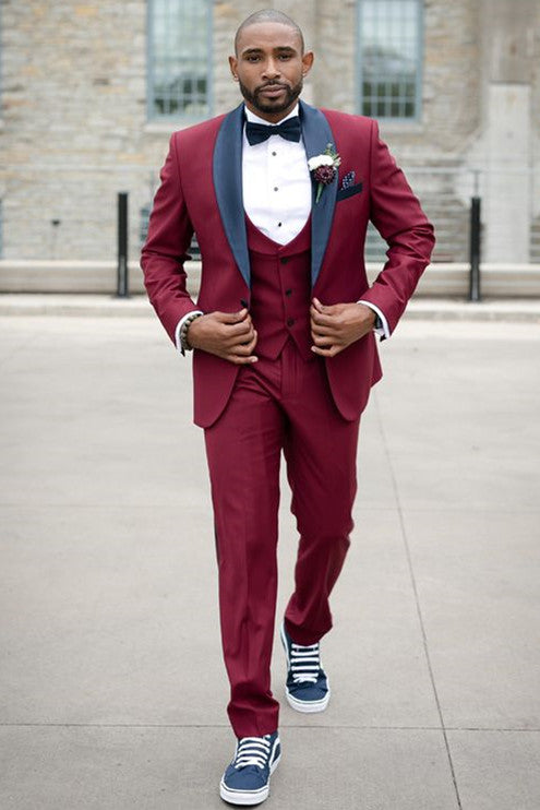Stylish Burgundy Slim Fit Wedding Tuxedo with Black Shawl Lapel-Wedding Suits-BallBride