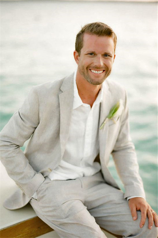 Stylish Notched Lapel Linen Suit For Beach Men Wedding - 2 Piece-Wedding Suits-BallBride