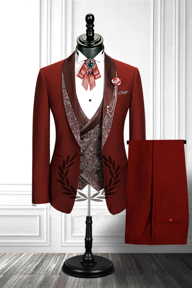 Stylish Red 3 Piece Stitching Lapel Double Breasted Waistcoat Men's Suit-Wedding Suits-BallBride