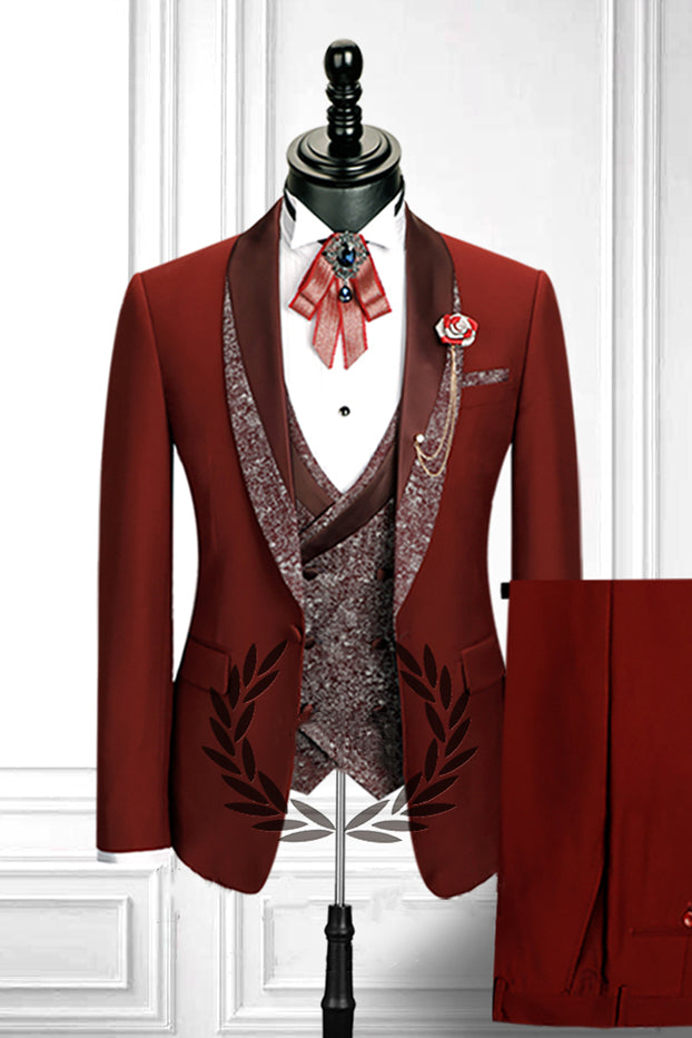 Stylish Red 3 Piece Stitching Lapel Double Breasted Waistcoat Men's Suit-Wedding Suits-BallBride