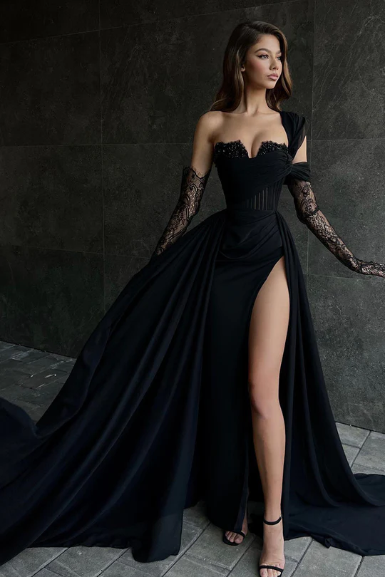Stylish Strapless Slit Beaded Black Prom Dress With Lace Sleeves-BallBride