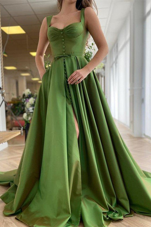Stylish Straps Sleeveless Buttons Prom Dress With Slit-BallBride