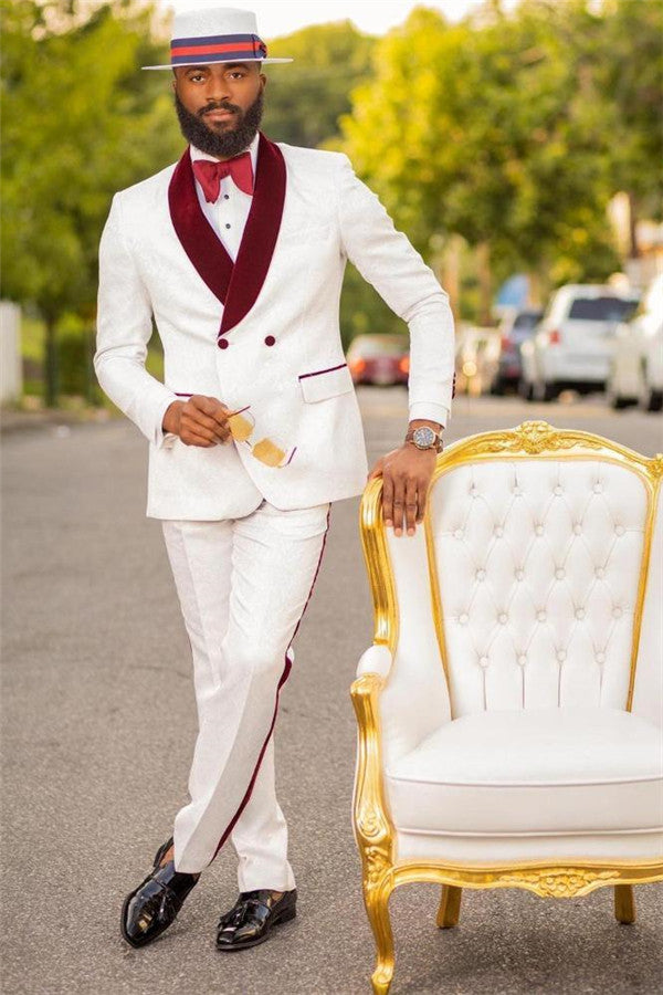 Stylish White Jacquard Double Breasted Wedding Suit for Men's Party with Burgundy Lapel-Wedding Suits-BallBride
