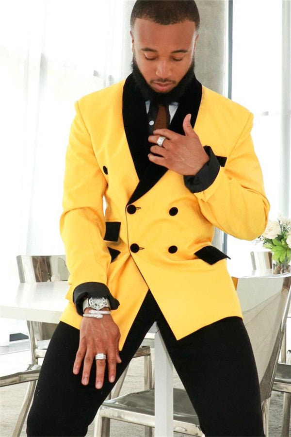 Stylish Yellow Double Breasted Slim Fit Mens Suit With Black Shawl-Wedding Suits-BallBride