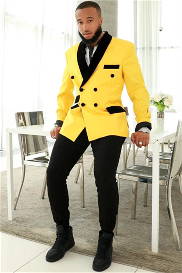Stylish Yellow Double Breasted Slim Fit Mens Suit With Black Shawl-Wedding Suits-BallBride