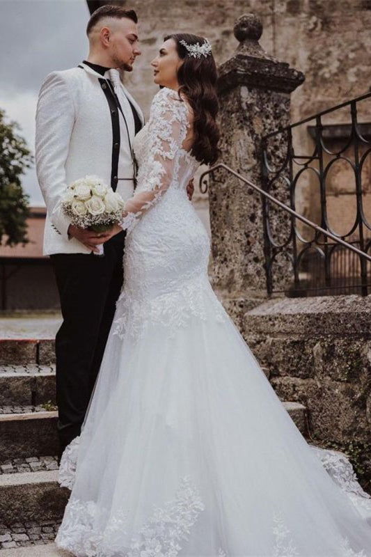 Sweetheart Lace Long Sleeves Mermaid Wedding Dress-Wedding Dresses-BallBride