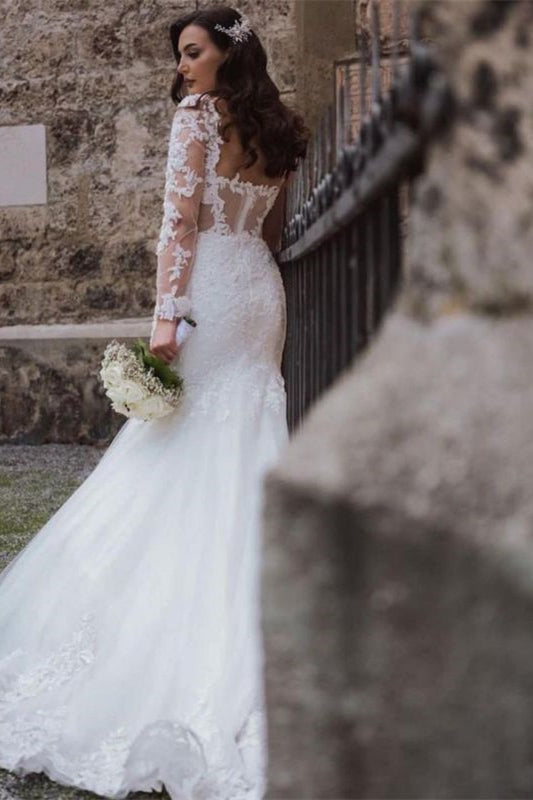 Sweetheart Lace Long Sleeves Mermaid Wedding Dress-Wedding Dresses-BallBride