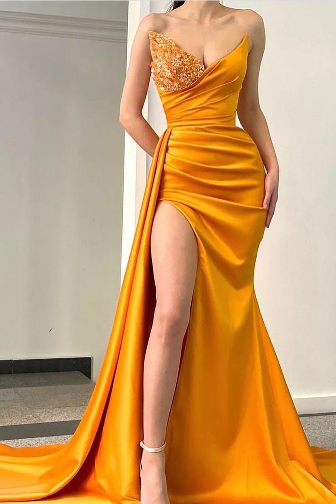 Sweetheart Orange Mermaid Evening Dress with Beadings and Ruffles-Evening Dresses-BallBride