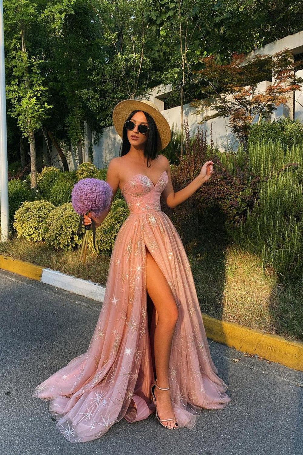 Sweetheart Pink Prom Dress with Slit-BallBride