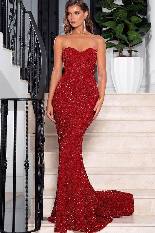 Sweetheart Red Mermaid Prom Dress with Sequins-BallBride