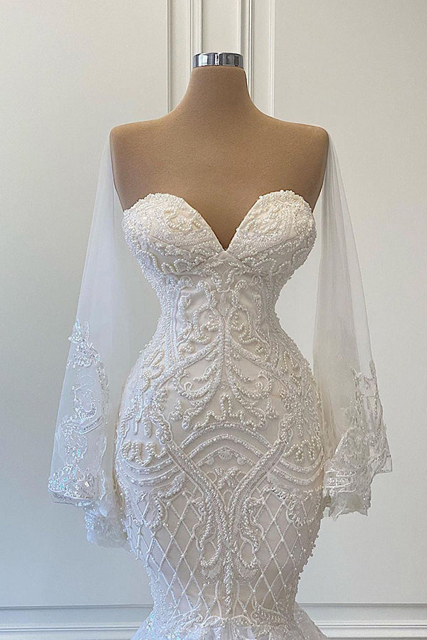 Sweetheart Strapless Lace Mermaid Wedding Dress With Pearls Beadings-Wedding Dresses-BallBride