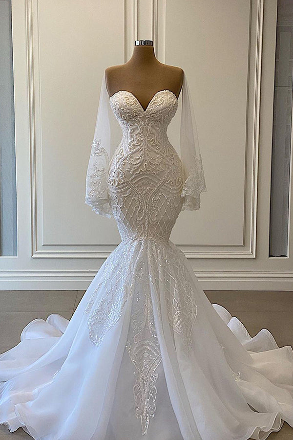 Sweetheart Strapless Lace Mermaid Wedding Dress With Pearls Beadings-Wedding Dresses-BallBride