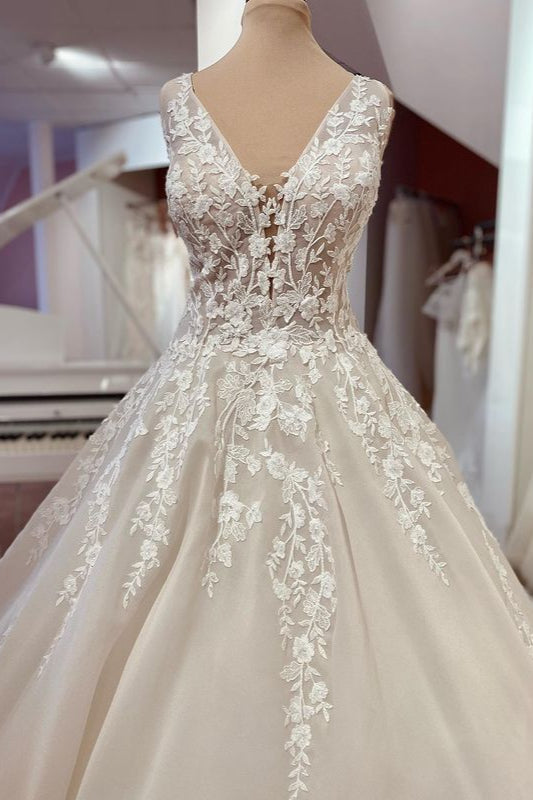 Sweetheart Wide Straps A-Line Lace Backless Wedding Dress with Ruffles Appliques-Wedding Dresses-BallBride