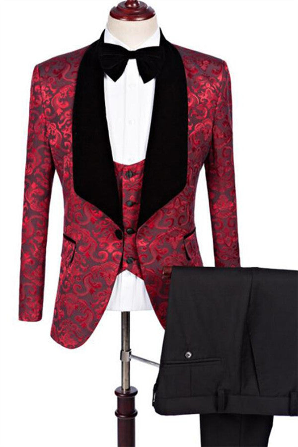 Three Piece Ruby Flower Jacquard Prom Business Suit-Prom Suits-BallBride