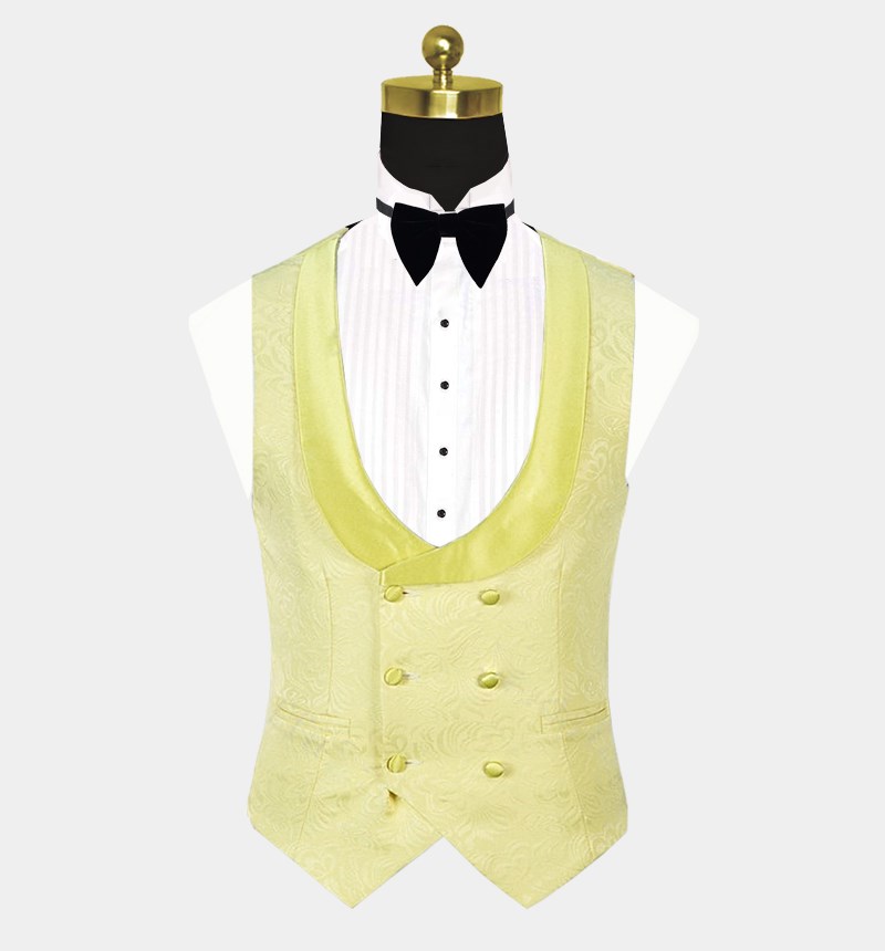 Three Piece Shawl Lapel Jacquard Morning Suit - Yellow-Business & Formal Suits-BallBride