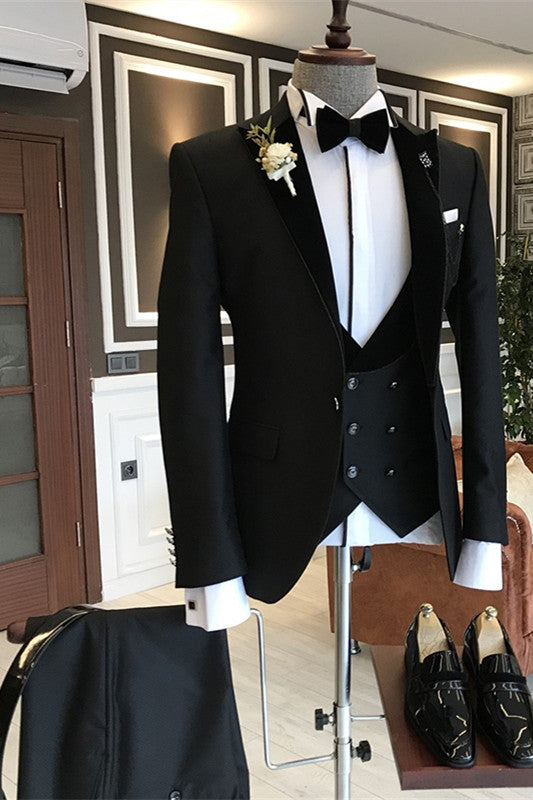 Three Pieces Black Summer Wedding Suits for Groom with Peaked Lapel-Prom Suits-BallBride