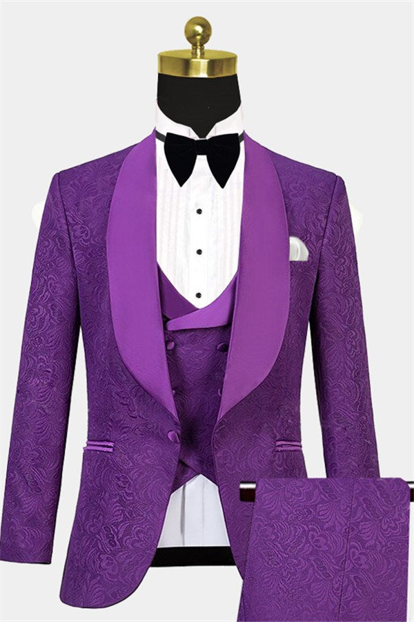 Three Pieces Classic Jacquard Violet Wedding Guest Suit-Prom Suits-BallBride