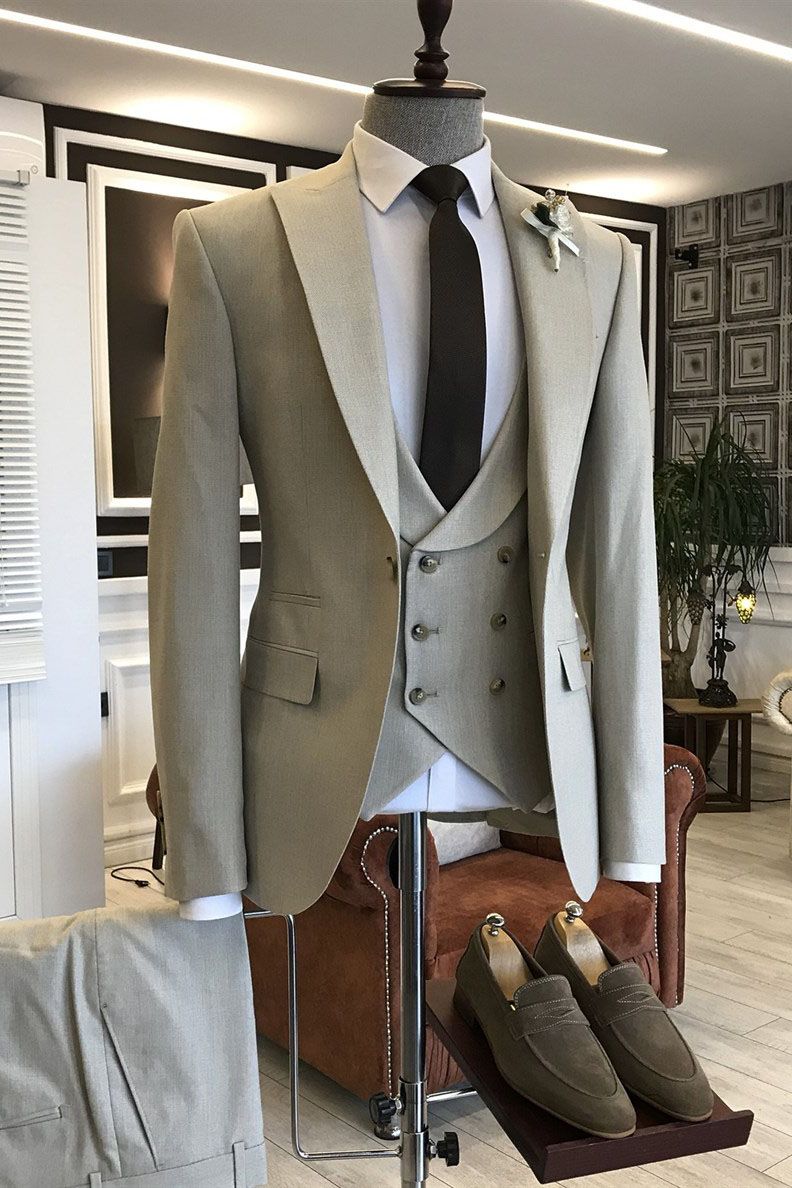 Three Pieces Light Brown Wedding Suit for Groom with Double Breasted-Prom Suits-BallBride