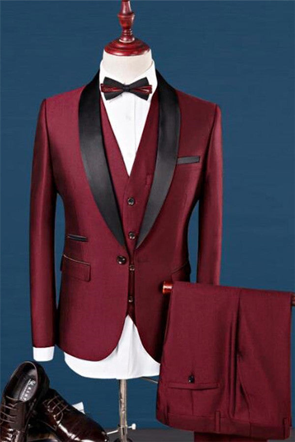 Three Pieces Wine Red Shawl Lapel Dinner Suit for Men - Prom Morning Wear-Prom Suits-BallBride